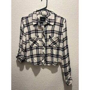 RAILS Crop Shirt S Button Up Plaid Grey White Rayon Chest Long Roll Tab Sleeve
